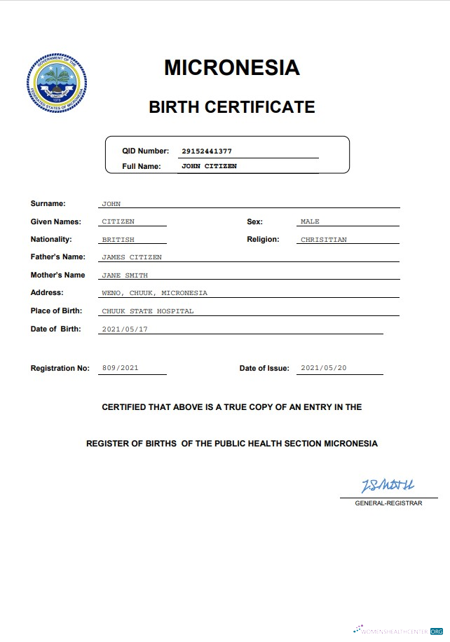 Download Micronesia vital record birth certificate Word and PDF template Photoshop template
